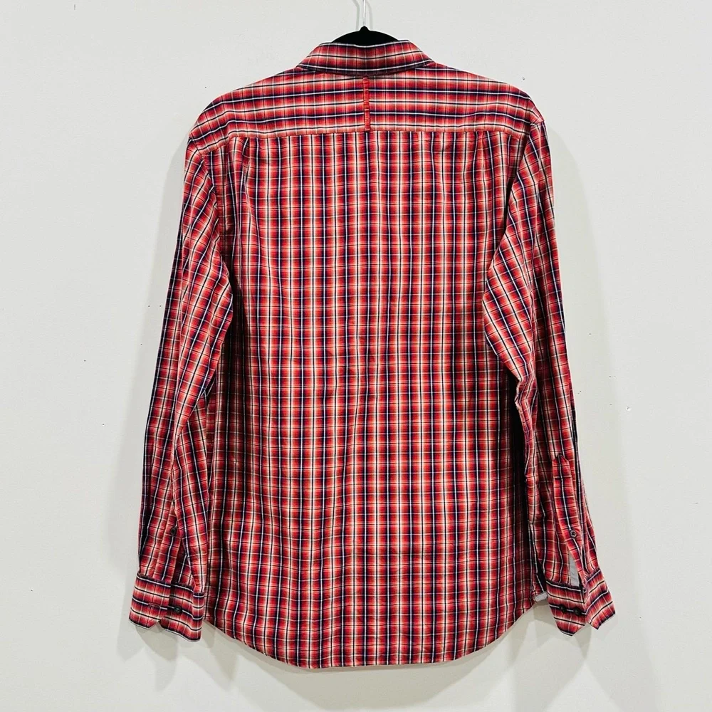 Banana Republic Shirt Mens 15-15.5 M Red Blue Plaid Long Sleeve Button Up Cotton